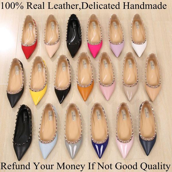 

fashion brand luxury vogue women shoes rivets flats pointed toe flats metal studded shoes leather ballerina plus size 33-43, Black