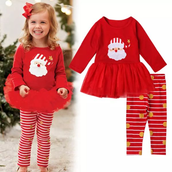 

girl clothing sets christmas santa claus girls long sleeve t shirt +striped trousers outfits for kids girl clothes, White