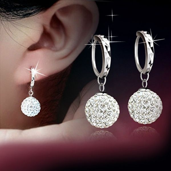 

unique women's white clear crystal round ball charming hoop earrings, Silver