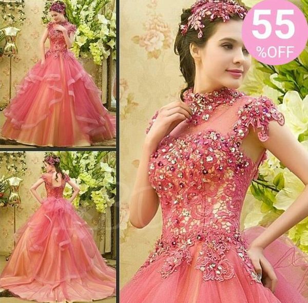 

2021 modest quinceanera dresses high neck cascading ruffles customized applique beaded sheer long pink ball gown pageant party dress, Blue;red