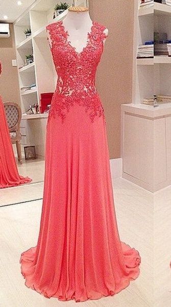 

2016 new coral evening dresses v neck illusion lace appliques long chiffon sweep train button back formal party dress prom gowns, Black;red