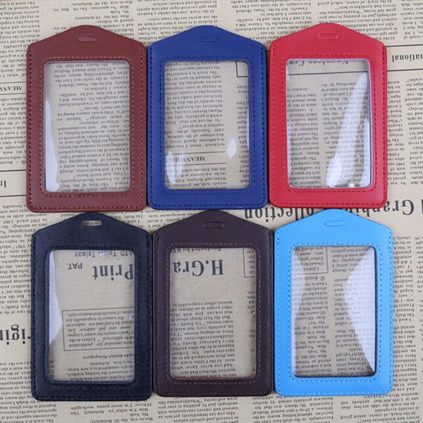 

wholesale- pu leather id badge case clear with color border & lanyard holes bank holders card bus id holders