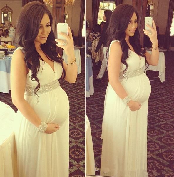 

maternity wedding dress v neck sleeveless beaded rhinestone floor length empire chiffon bridal gowns custom made, White