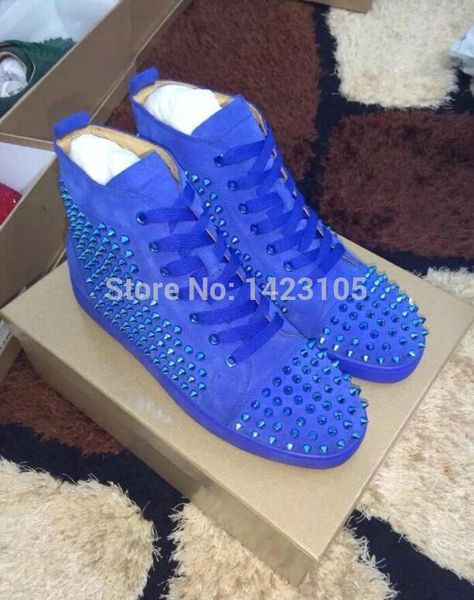

new arrivals blue genuine leather high shoes 2016 fashion rivets spikes red bottom shoes men, Black