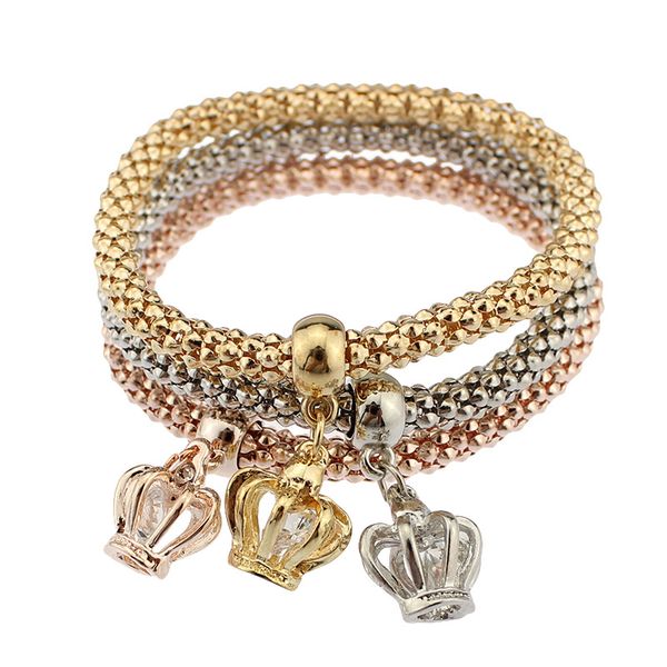 

three-color crown charm bracelets 3pcs sets crystal cubic zirconia crown stretch thread bangle for women&mens elastic fashion jewelry, Golden;silver