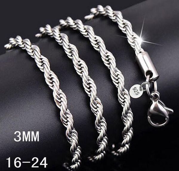 

925 sterling silver necklace chains 3mm 16-30 inch pretty cute fashion charm rope chain necklaces jewelry diy accessories