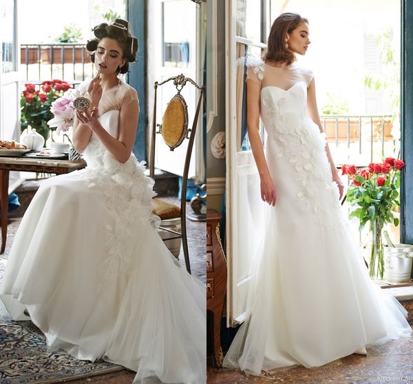 

2016 sheer neck white applique wedding dresses illusion short sleeve bridal gowns mermaid organza floor length wedding dresses