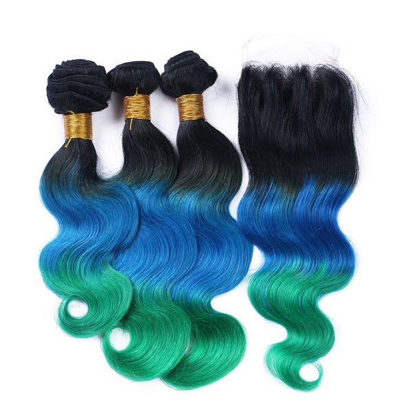 

#1b/blue/green ombre human hair bundles 3pcs with 4*4'' lace closure three tone teal ombre hair extensions brazilian body wave hai, Black