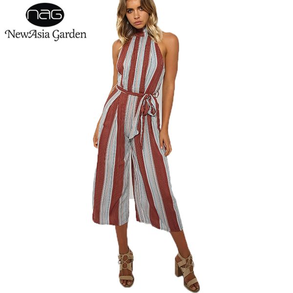 

wholesale- newasia garden sleeveless halter striped print women wide leg jumpsuit choker rompers playsuit overalls summer loose pants, Black;white
