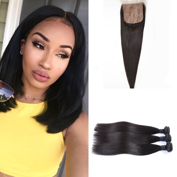 

unprocessed human hair with silk base closure 3 bundles indian straight hair with closure g-easy, Black