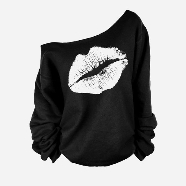 

wholesale- one piece female pullovers red lips print oversized off the shoulder raw edge women sweatshirts long-sleeved lr0157e, Black
