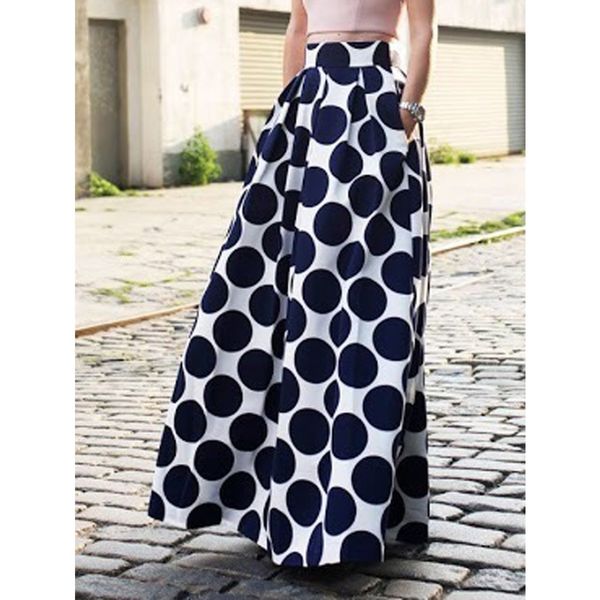 

women white contrast polka dot print maxi skirt 2016 spring new blue spot high waist a-line floor length long skirt plus size, Black;gray