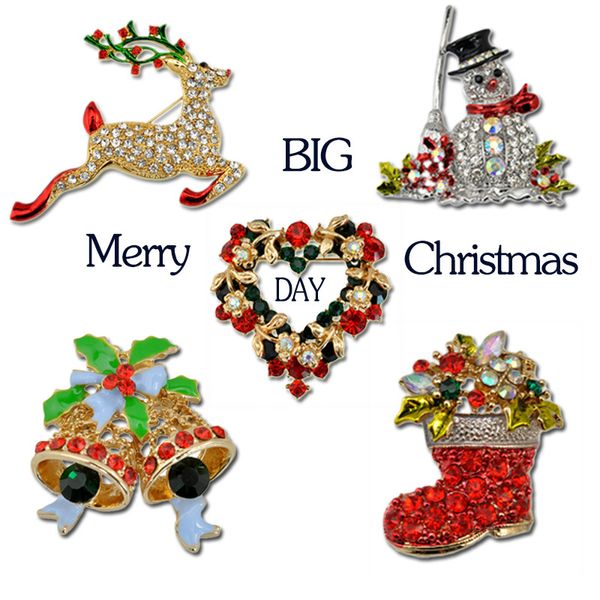 Moda 10 stili Spille da donna natalizie Pin boot Bell Spilla pupazzo di neve renna Pins Sleigh Wreath spille con diamanti all'ingrosso Cina