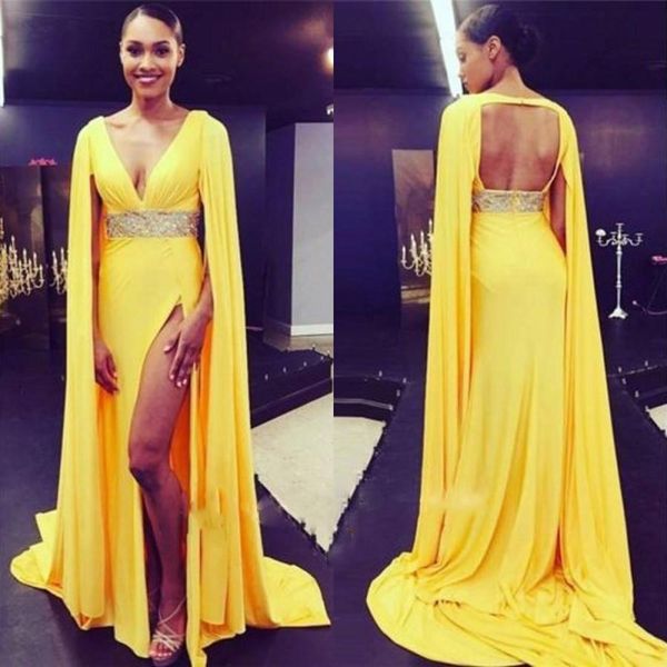 Amarelo Profundo Decote Em V Vestidos de Baile Aberto Voltar Cap Estilo de Noite Vestidos de Chiffon Até O Chão Vestido de Festa Formal Barato Mulheres Vestidos