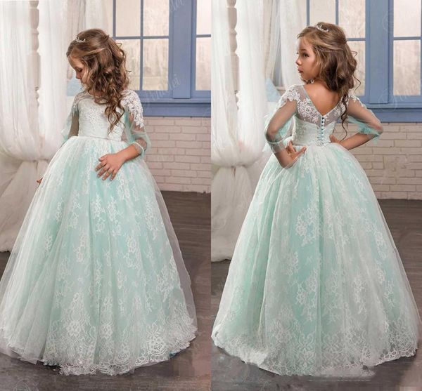 Luz Da Hortelã Princesa Flor Menina Vestidos Lace Applique Mangas Compridas vestido de Baile Até O Chão Crianças Partido Comunhão Vestidos Custom Made