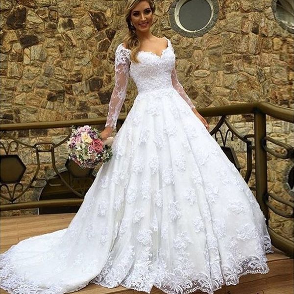 

белые мусульманские свадебные платья на заказ халат де mariage бальное платье кружева v шеи свадебные платья vestido де noiva полный рукав, White