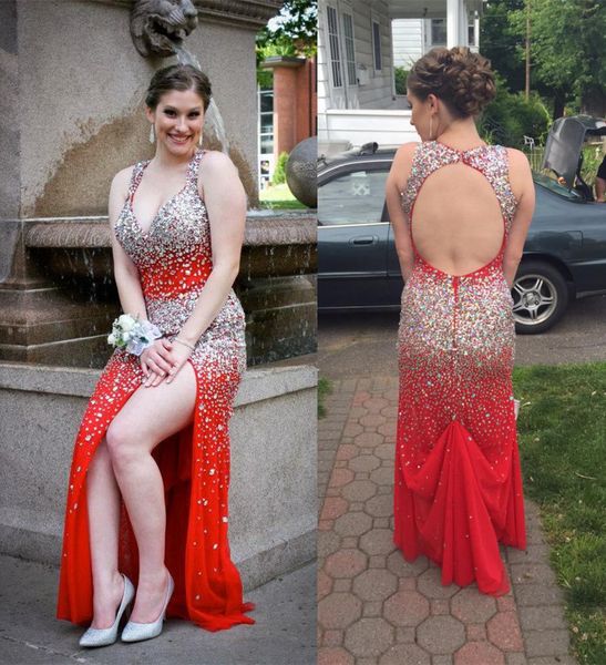 

New Sexy Plus Size Prom Dresses 2019 Deep V-Neck Hole Back Side Slit Sweep Train Crystal Beading Chiffon Evening Dress Gowns Robe de soiree