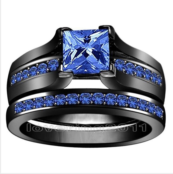 

wholesale - princess cut 6mm blue sapphire simulated diamond 10kt black gold filled gf 2-in-1 engagement wedding ring set for christmas gift, Slivery;golden