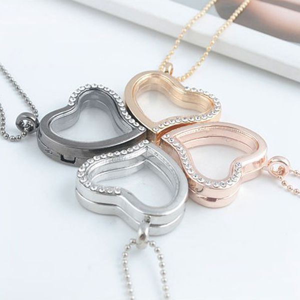 

mix 4 color 28mm heart magnetic floating locket glass living memory locket with rhinestone(chains included for, Silver