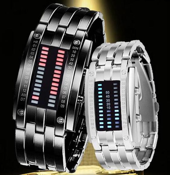 Atacado 100 pçs / lote Mix 2 cores Estilo Metal Duplo LED Binary Watch Homens Mulheres estilos à prova d 'água 50 M relógios LL015