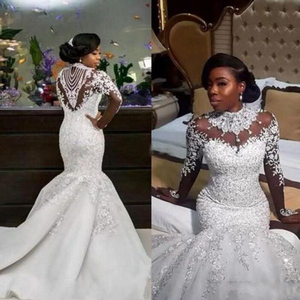 2019 Abito da sposa Bling Abiti nigeriani Collo alto Illusion Maniche lunghe Cristalli Perline Paillettes Applicazioni di pizzo Sirena Abiti da sposa