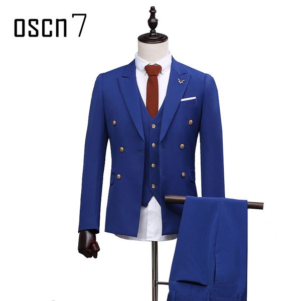 Atacado- OSCN7 Azul Terno Homens 3 Pcs Dupla Suit Fit Fit Custom Fit Custom Wedding Dress Ternes para Homens Traje Homme Terno Masculino