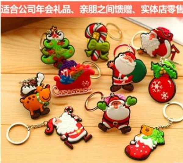 

25pcs /lot mix order santa claus christmas gift pvc soft keychain creative christmas tree rubber pendant key rings key chains jelwery, Slivery;golden