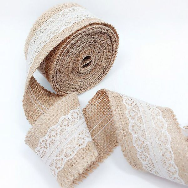

wholesale- 5m natural jute burlap hessian ribbon with lace trims tape rustic wedding decor wedding cake er