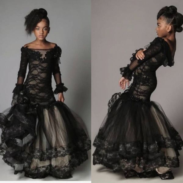 

vintage mermaid black girls pageant dresses off the shoulder lace appliqued flower girl dress for weddings long sleeve teens prom gowns, White;red