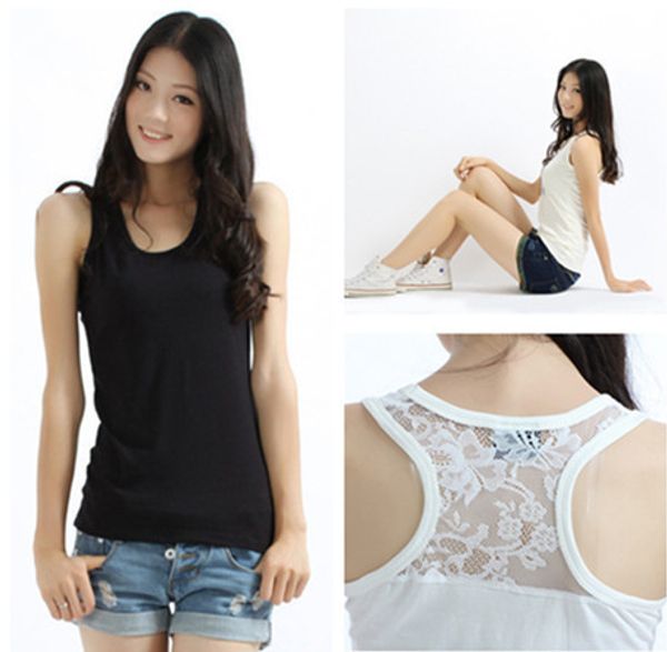 

wholesale-plus size 3xl 6xl 2015 new real p women blusas lace back sleeveless chiffon tank shirts crew vest cami btl003, Black;white