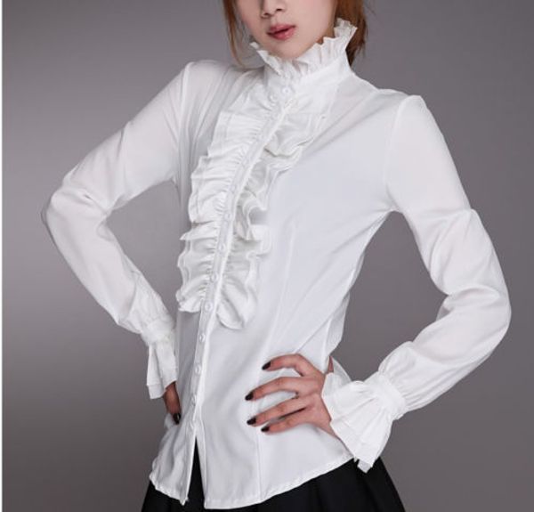 

Details about Ladies High Neck Frilly Womens Vintage Victorian Ruffle Top Shirt Blouse