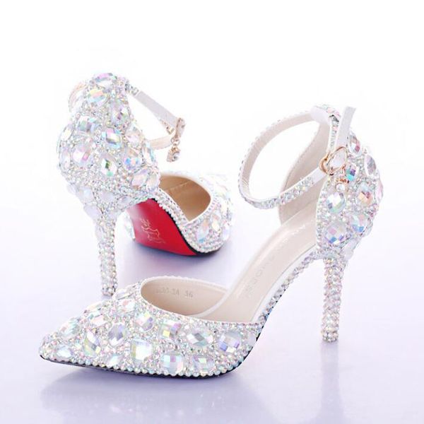 

Summer High Heels Women Wedding Shoes White Two-Pieces Hollow Diamond Bride Shoes Crystal Wristband Colorful Crystal Shoes
