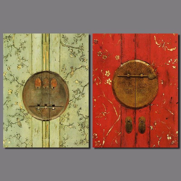 

retro japanese chinese still life red green door picture decoration lock canvas painting for living room wall art print unframed