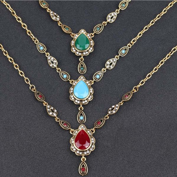 

ethnic turkish style necklaces for women vintage gold color water drop resin pendant necklace women jewelry christmas gift, Silver