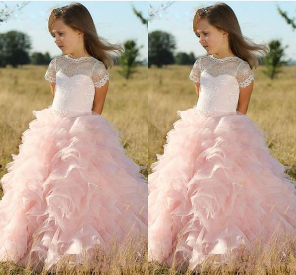 Rosa Prinzessin Ballkleid Blumenmädchenkleider schiere Spitze Juwel Hals Rüschen Rock Mädchen Kommunion Kleid Kinder Abend Ballkleider für Hochzeit