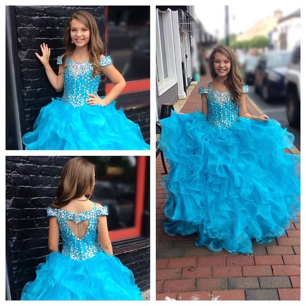 2021 Girls Pageant Vestidos Longo Comprimento com Off Ombro e Sexy Keyhole Voltar Real Pic Cristais Tiered Organza Cute Pageant Gastos para adolescentes