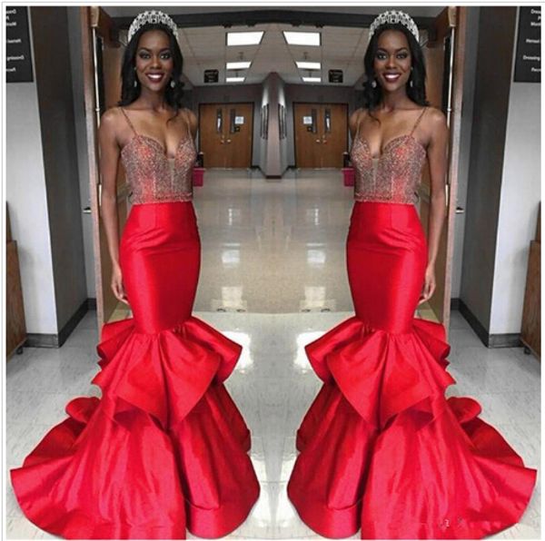 

spaghetti straples satin red mermaid prom dresses 2016 pleated ruffles dubai evening gowns custom made, Black