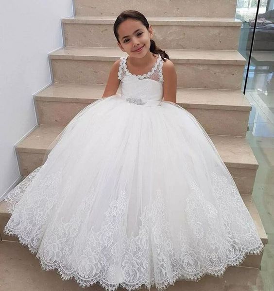 Abiti da ragazza di fiore principessa avorio per matrimoni Gioiello Applicazioni in pizzo Perline con fusciacca Paillettes Abito da festa per bambini Lunghezza pavimento Abiti da spettacolo per bambina