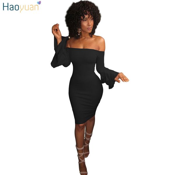 

haoyuan long sleeve women dress 2017 robe off shoulder bodycon backless dress slim black short vestidos autumn wrap dress q1110, Black;gray