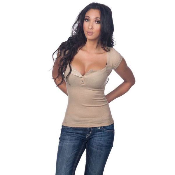 

wholesale- cozy summer dark v neck women t-shirt short sleeve casual tees button camiseta ropa casual, White