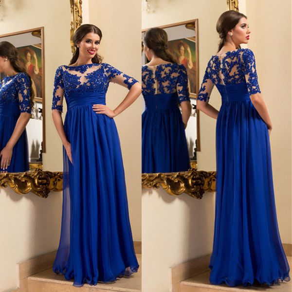 Abito da sera in chiffon moderno con applicazioni di pizzo 2019 Abito da sera lungo a maniche lunghe a trapezio blu royal vestido longo formatura