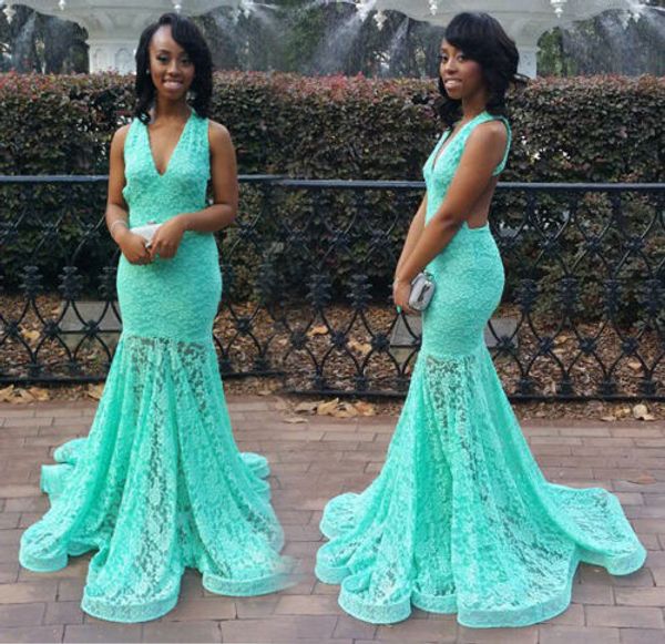 

turquoise green full lace mermiad prom party dresses african v neck robe de soiree sweep train formal long evening pageant gowns, Black