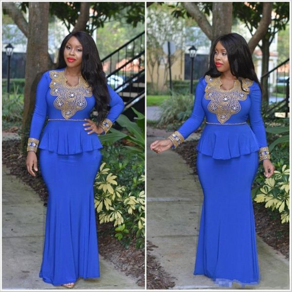 

2019 Blue Mermaid Long Sleeves Evening Dresses Moroccan Kaftan Turkish Vestidos De Festa Gold Crystal Beaded V Neck Prom Dress Custom Made