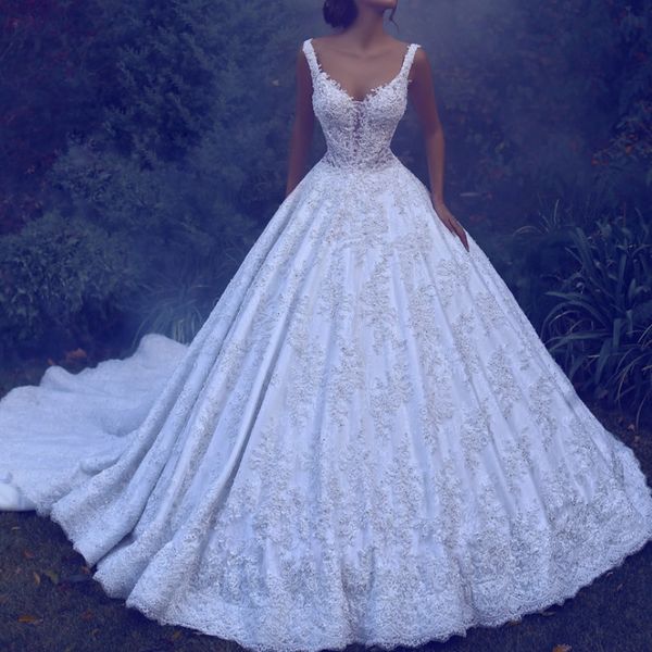 

beaded lace ball gown wedding dress 2018 said mhamad collection plus sizr wedding dresses bridal gowns open v-neck applique wedding gowns, White