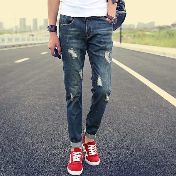 

wholesale-2016 new fashion mens ripped jeans famous brand skinny jeans men ripped jeans for men oversized male jeans pants, Blue