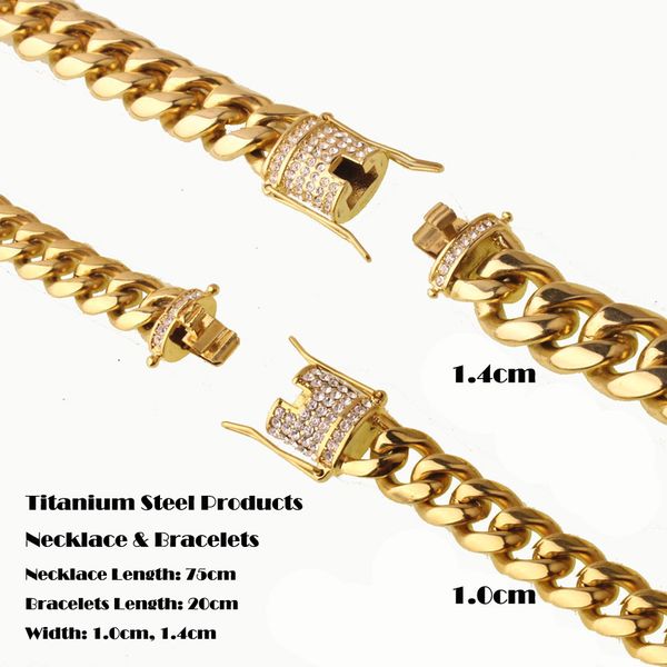 Titanium 24 K Ouro Sólido Galvanizado Elenco Fecho de Diamante CUBAN LINK Colar Pulseira Para Mulheres Dos Homens Cadeias Curb Conjuntos de Jóias