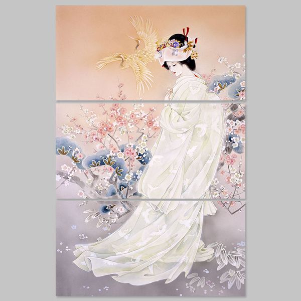 

большой размер 3 шт. в японском стиле кимоно леди картина украшения японская слива цветы холст роспись стены искусство домашнего декора без