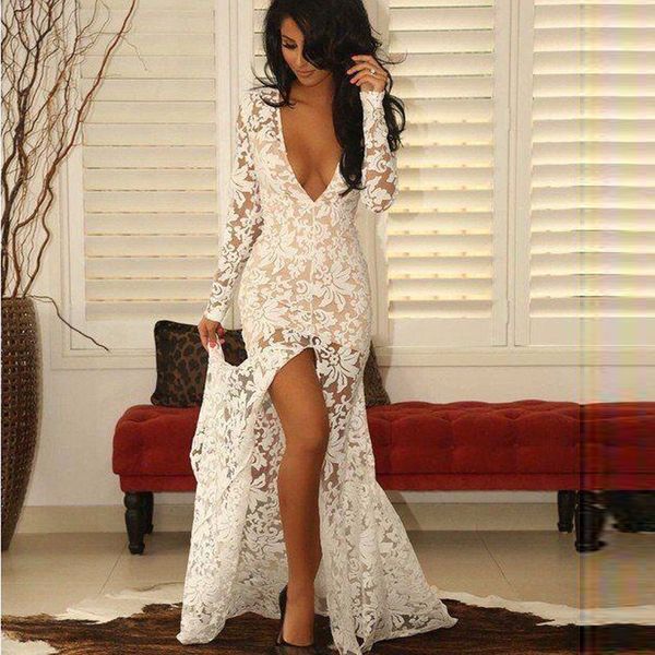 

lace backless evening dress mermaid plunging deep v neck new white prom dresses long sleeve with split vestido de festa, Black
