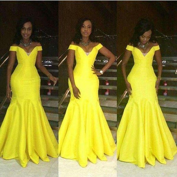 Abiti da sera con spalle scoperte giallo brillante Sirena in raso Abiti da festa per ragazza nera Abiti da cerimonia economici per donne africane taglie forti