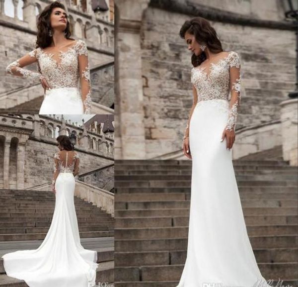 

millanova sheer long sleeves lace wedding dresses beach mermaid sweep train appliqued backless chiffon bohemian bridal gowns, White